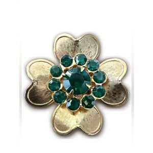 Vintage Gold-Tone Flower Brooch with Emerald Green Rhinestones